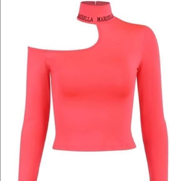 Women Cut-Out Crop Top Size M Magenta Asymmetric Shoulder Logo Maribella Stretch - Picture 6 of 9